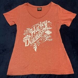 Harley-Davidson Ride Free Dusty Red V-Neck Shirt. Small Woman’s Riding Shirt